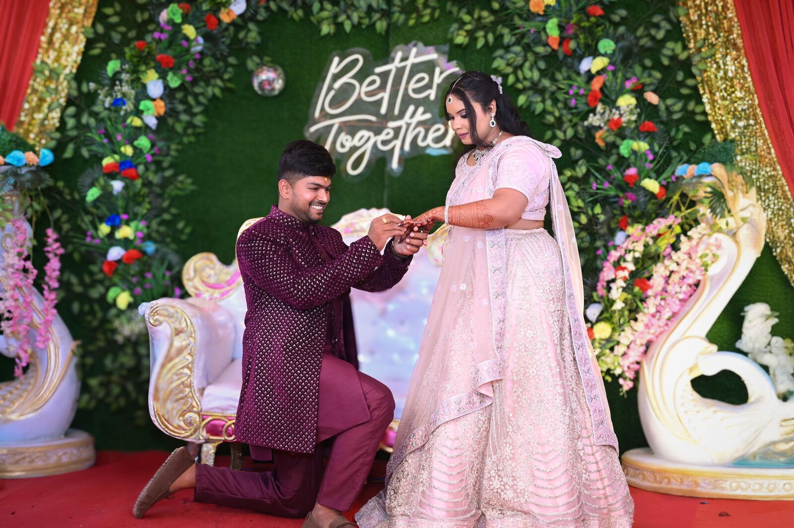 Ring ceremony on a decorated stage